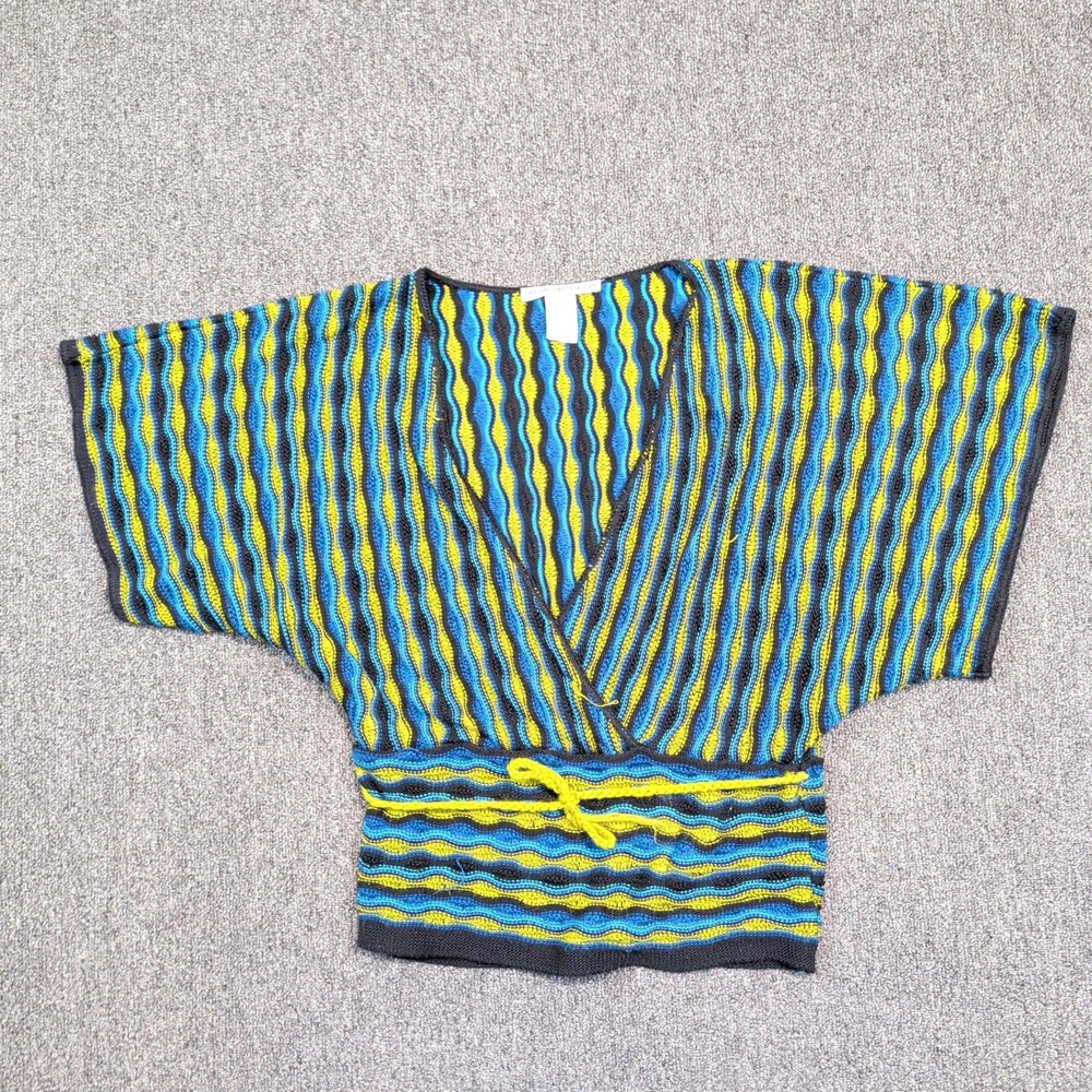 Two-One-Two New York Y2K Wrap Knit Top S Blue Yellow Wave Stripe Dolman Retro